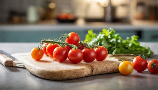 A selection of fresh vegetable: cherry tomatoes, sitting on a chopping board against blurred kitchen background; copy space
