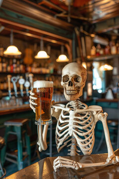 human skeleton drinking beer awareness of danger of drinking addiction  