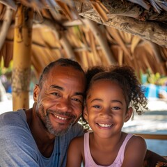 a father and his young daughter relish their vacation at a beach club, seated beneath a thatched roof bar with pristine white sand in the background
