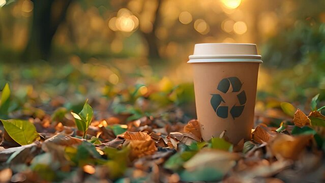 The concept of nature conservation and zero waste. Eco-friendly paper cup with a recycling sign on the background of wildlife,generative ai