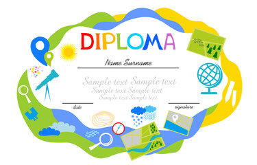 Certificates kindergarten and elementary, Preschool Kids Diploma certificate background design template, Diploma template for kindergarten students, Certificate of kids diploma. Vector illustration