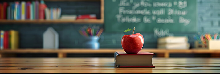 Back To School Theme On Education Background,Pile of books with apple on the wooden table with chalkboard,Happy Teacher Day school elements copy space classroom chalkboard blur background.



