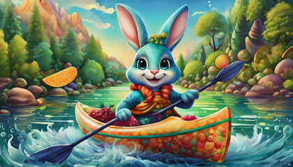 oil painting style CARTOON CHARACTER CUTE baby blue rabbit having a great time, smiling while kayaking on a river,