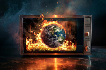 planet earth in a microwave showing global warning effects  