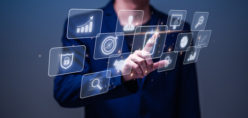 Big data and analytics visualization technology with scientist analyzing information structure on virtual screen, machine learning to extract predictions for business, finance, internet of things, iot