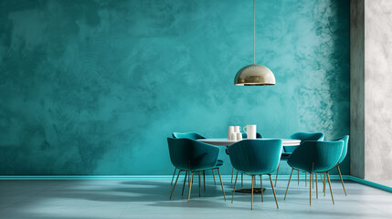 Meeting area or diningroom for 4 places round table and teal cyan chairs. Empty wall turquoise azure paint color accent. Dinning modern kitchen interior home or cafe.