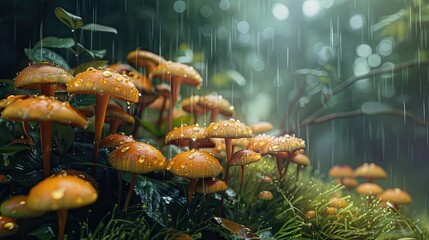 Detailed image of a cluster of mushrooms growing in damp shade - obrazy, fototapety, plakaty