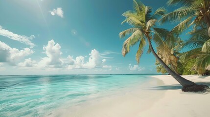 Naklejka premium Tropical Paradise Depict a wedding background in a tropical paradise, with palm trees, crystalclear waters, and white sandy beaches creating a serene and exotic backdrop for a destination wedding
