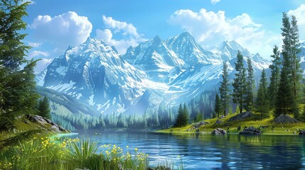 Mountain Majesty  a wedding background set in the mountains, with majestic peaks, alpine meadows, and towering pine trees creating a breathtaking and majestic backdrop for an outdoor ceremony