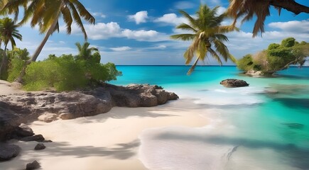 Palm And Tropical Beach In Punta Cana, Dominican Republic - obrazy, fototapety, plakaty