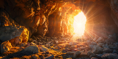 cave with the sun shining through the clouds empty tomb with stone rocky cave and sunlight background