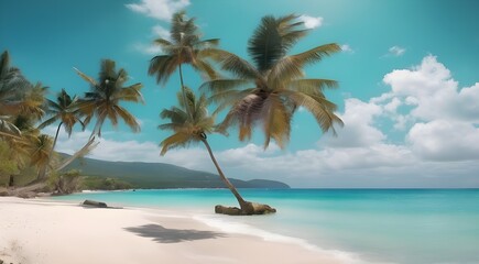 Fototapeta na wymiar Palm And Tropical Beach In Punta Cana, Dominican Republic