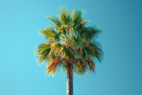 Coconut tree palm against blue sky, copy space. Summer concept.