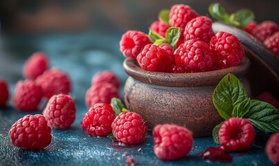 Ripe raspberries on the table and in a ceramic bowl.