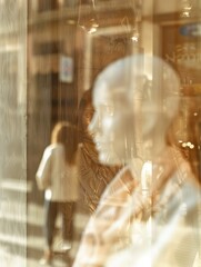 beige mannequins are visible through large glass windows of an elegant boutique, illuminated by warm sunlight 
