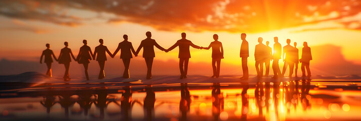 Friends bonding on the beach community trust support summer holiday success Men women and diversity people in solidarity team building or travel mission success,People standing on a beach at sunset.
 - obrazy, fototapety, plakaty