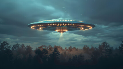 Fototapeta na wymiar A flying saucer with lights over a forest