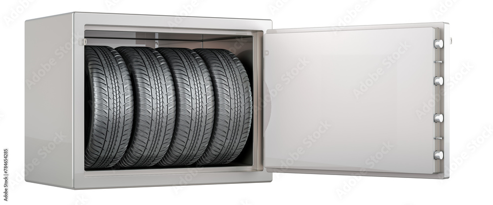 Poster car wheels inside safe with combination lock, 3d rendering isolated on transparent background