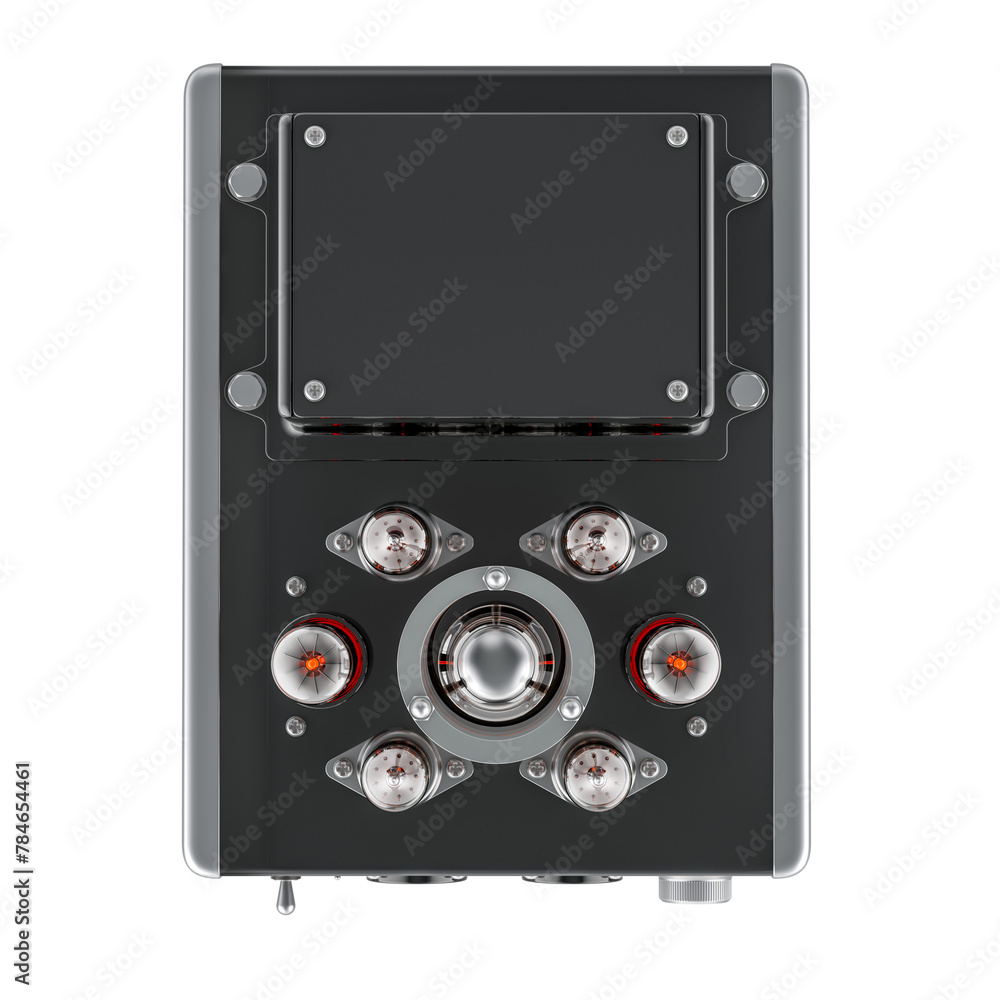 Poster vacuum tube amplifier, view from above. 3d rendering isolated on transparent background