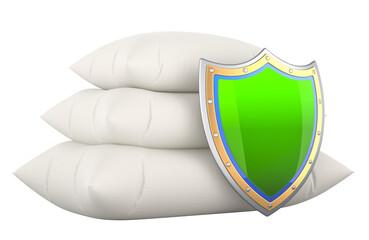 Stack of pillows with shield, 3D rendering isolated on transparent background