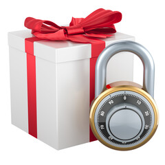 Gift box with padlock, 3D rendering isolated on transparent background