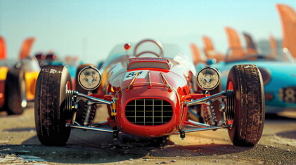 Racing car from the front at an old school race track with other