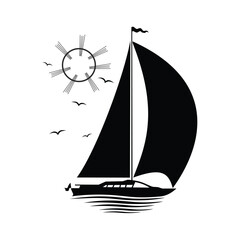 Sailing yacht at sea with waves surrounded by seagulls. Vector on transparent background