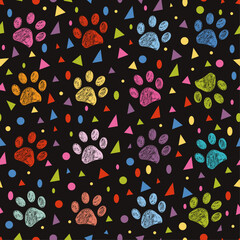 Vibrant colorful paw prints with confetti seamless fabric design pattern