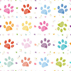 Vibrant colorful paw prints with hearts seamless pattern
