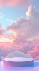 Abstract background with a podium for product presentation, sky and clouds on the horizon, 3D rendering illustration, banner, space for text, round pedestal 9:16
