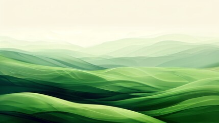 An abstract illustration of organic green lines, hills and mountains at dusk, hazy sky, wallpaper illustration