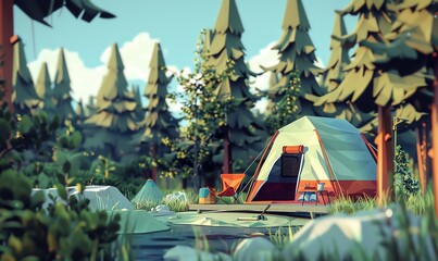 Explore Cubism through unexpected camera angles in a digital rendering of a camping scene, creating a unique perspective with pixel art techniques