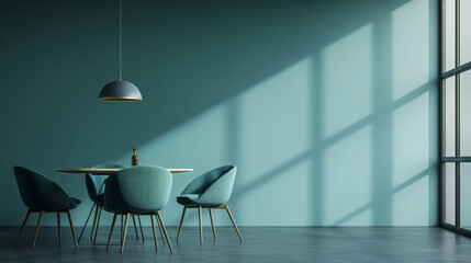 Meeting area or diningroom for 4 places round table and teal cyan chairs. Empty wall turquoise azure paint color accent. Dinning modern kitchen interior home or cafe.