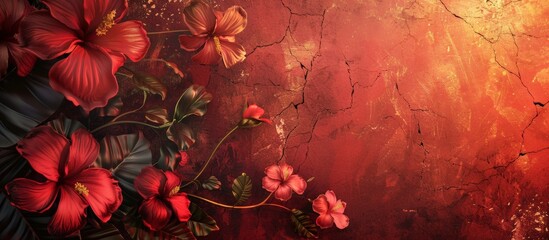 Obraz na płótnie Canvas Vibrant artwork of red blossoms on twisted branches against a textured, dark red and blue backdrop with golden accents.