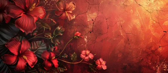 Fotobehang Vibrant artwork of red blossoms on twisted branches against a textured, dark red and blue backdrop with golden accents. © Valeriy