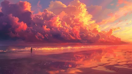 Crédence de cuisine en verre imprimé Corail Breathtaking Coastal Sunset with Solitary Figure Silhouetted Against the Vibrant Sky