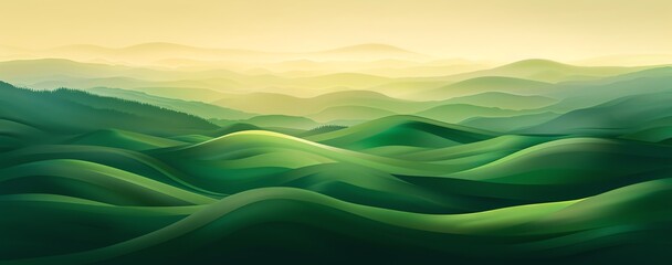Abstract organic green hills and mountains, hazy dusk effect. wallpaper background illustration, climate change concept. - obrazy, fototapety, plakaty