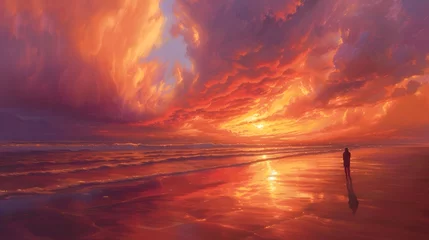 Photo sur Plexiglas Anti-reflet Corail Breathtaking Sunset Seascape with Solitary Figure Walking Along the Deserted Coast