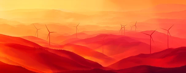 Zelfklevend Fotobehang Abstract organic red and orange lines with wind turbines,  hazy dusk effect. wallpaper background illustration, climate change concept. © Face Off Design