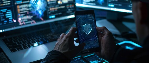 Communication Security Shield, secure account login connection or network security service concept of mobile and computer secure connection authentication code verification credentials