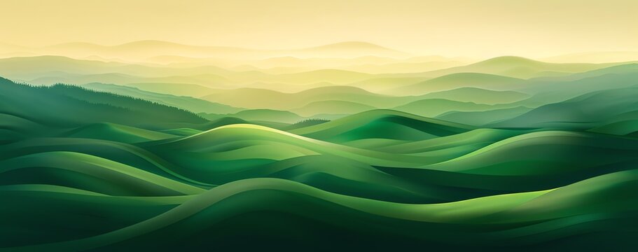 Abstract organic green hills and mountains, hazy dusk effect. wallpaper background illustration, climate change concept.