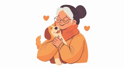Illustration of a joyful elderly woman with glasses cuddling her adorable beagle, surrounded by hearts.
