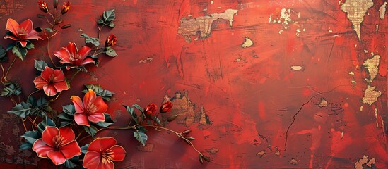 Vibrant artwork of red blossoms on twisted branches against a textured, dark red and blue backdrop with golden accents. - obrazy, fototapety, plakaty