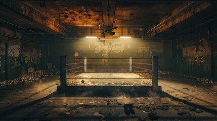 Background bleak boxing ring, run-down boxing gym, dimly lit atmosphere