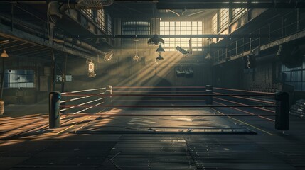 Background bleak boxing ring, run-down boxing gym, dimly lit atmosphere