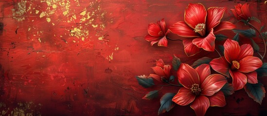 Vibrant artwork of red blossoms on twisted branches against a textured, dark red and blue backdrop with golden accents.