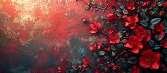 A vibrant wallpaper of red flowers and green leaves against a textured, rustic red and blue background with golden accents. - obrazy, fototapety, plakaty