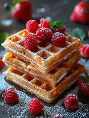 Golden Waffles Served on a Clean White Platter Generative AI