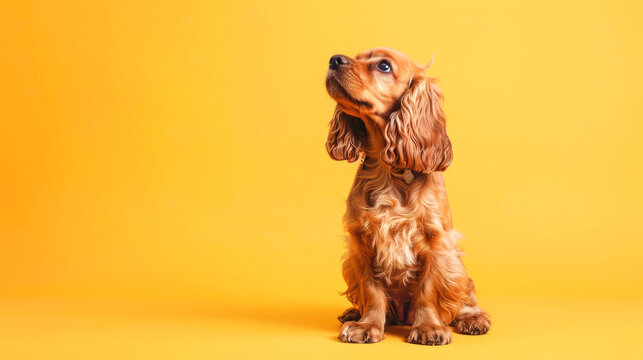 Sweet cocker spaniel, full body shot, studio, on yellow background, copy space for text.