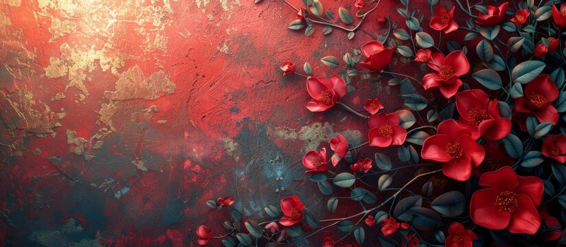 A vibrant wallpaper of red flowers and green leaves against a textured, rustic red and blue background with golden accents.